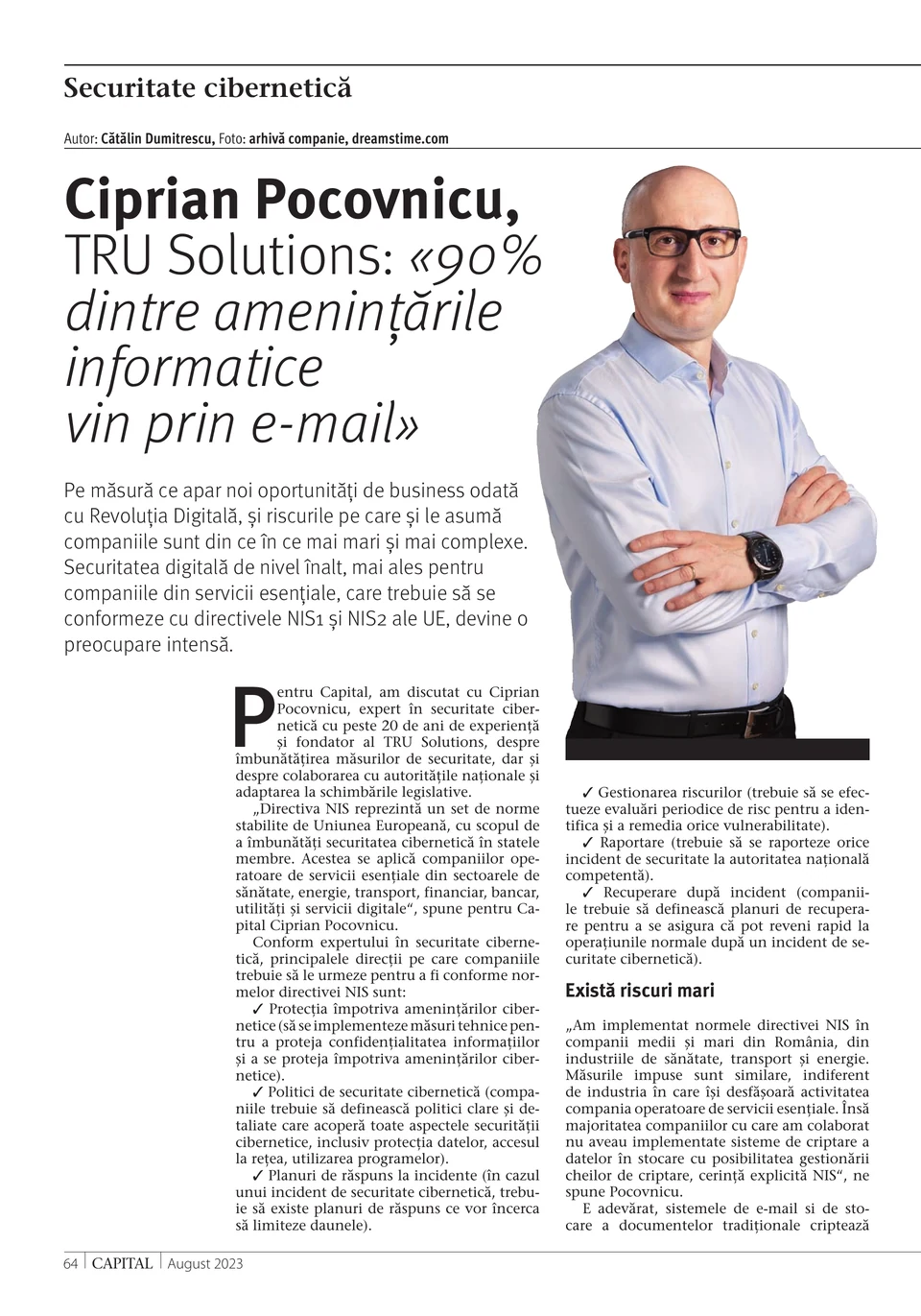 Capital, august 2023, pagina 64: începutul interviului și fotografia lui Ciprian Pocovnicu.